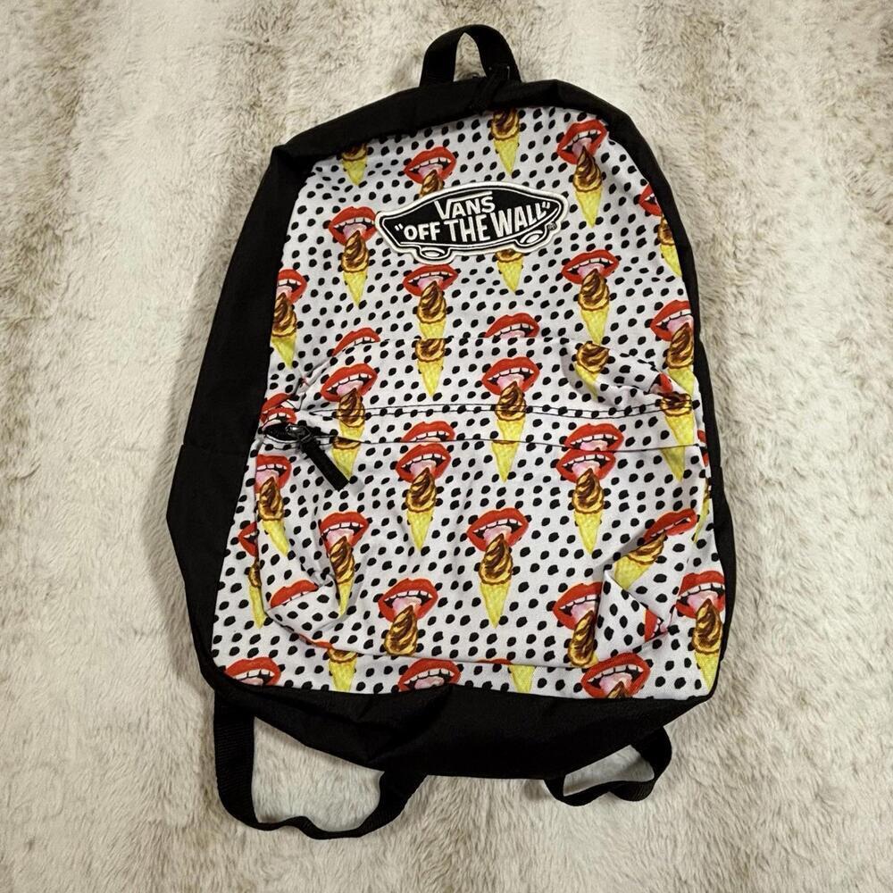 Vans Realm Backpack Ice Cream Cone Lips Print Black White Polka Dot